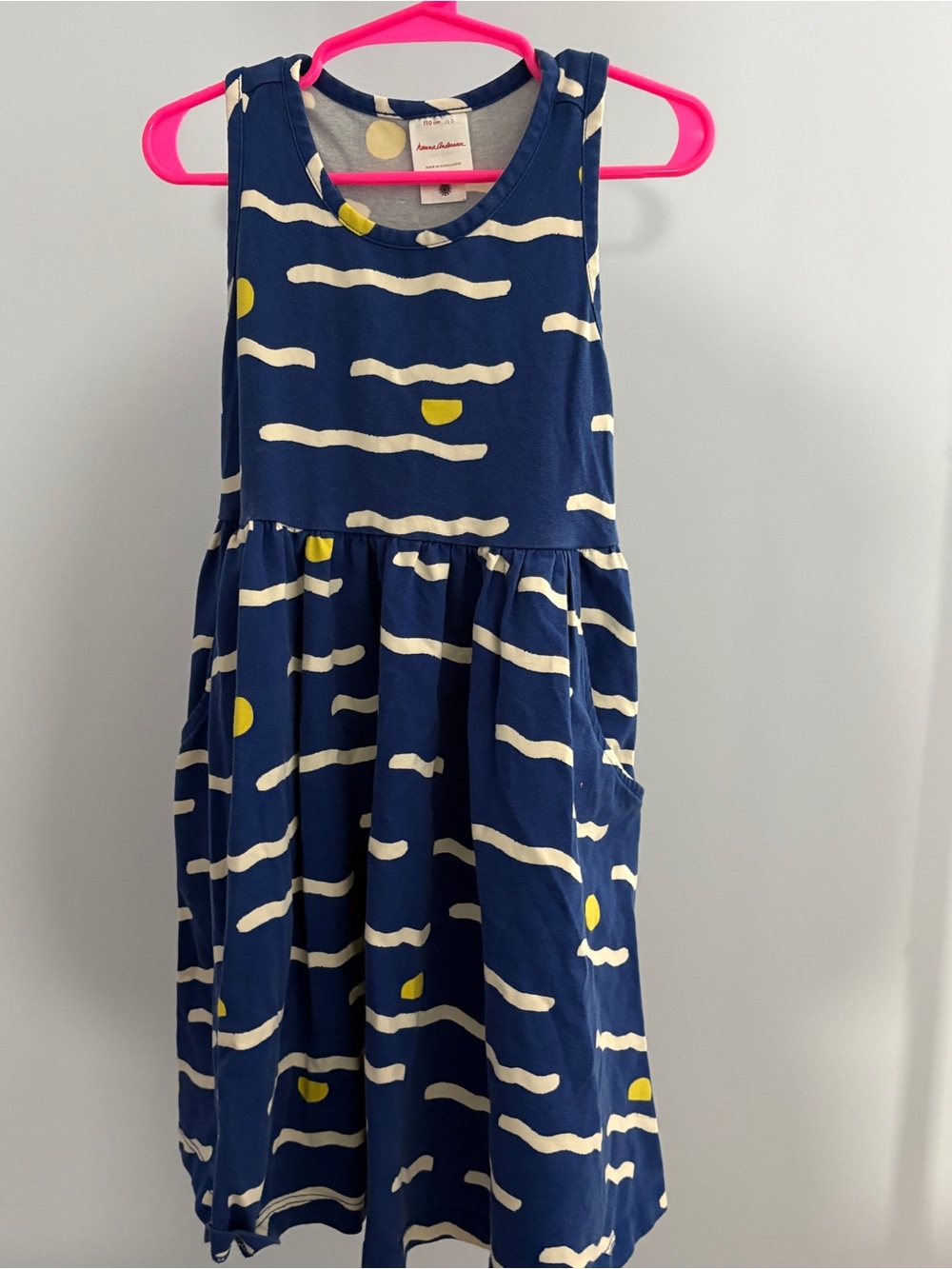 Hanna Andersson Navy Dress with Cream Waves and Yellow Accents